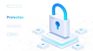 Veri beyazı posterinin korunması. Bilgisayar çipinde asma kilit. İnternet 'te güvenlik ve güvenlik. İniş sayfası tasarımı. Karikatür izometrik vektör çizimi beyaz arkaplanda izole edildi