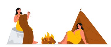 Kabile insanları sahne konsepti. Çadır ve şenlik ateşinin yanında iki kadın. Tenli genç kızlar. Sosyal ağlar ve kuryeler için etiket. Çizgi film düz vektör çizimi beyaz arkaplanda izole edildi