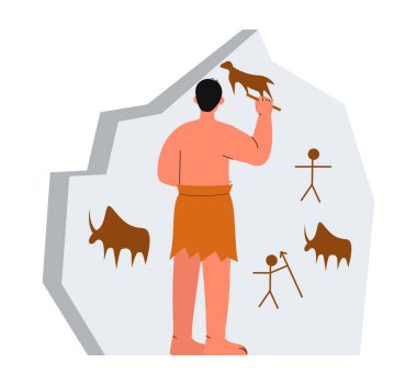 Kabile insanları sahne konsepti. Adam kayada çizim yapıyor. Minimalist yaratıcılık ve sanat. Tarih ve peeontoloji. Poster ya da afiş. Çizgi film düz vektör çizimi beyaz arkaplanda izole edildi