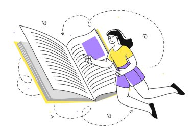 Kadın kitap repliği kavramını okudu. Eğitim ve eğitim. Ders kitabı okuyan bir öğrenci. Edebiyat ve okuma aşkı. Kitap kurdu genç kız. Beyaz arkaplanda izole edilmiş doğrusal düz vektör çizimi
