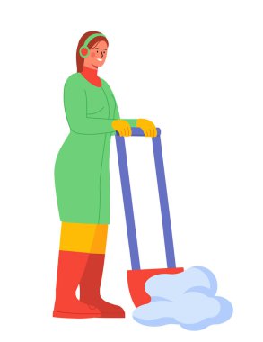 Kar temizleme sahnesi. Kar pelerininin yanında kürekli yeşil ceketli bir kadın. Kış mevsimi ve soğuk hava. Noel arifesi. Poster ya da afiş. Çizgi film düz vektör çizimi beyaz arkaplanda izole edildi