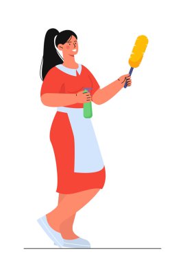 Otel çalışanı konsepti. Sarı fırçalı kadın. Temizlik işçisi. Rutin ve hijyen. Web sitesi için grafik ögesi. Çizgi film düz vektör çizimi beyaz arkaplanda izole edildi