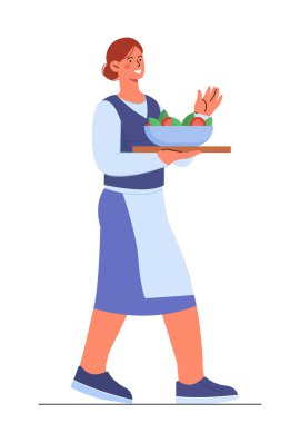 Otel çalışanı konsepti. Salatalı kadın. Yemek ve salata. Sosyal ağlar ve kuryeler için etiket. Çizgi film düz vektör çizimi beyaz arkaplanda izole edildi