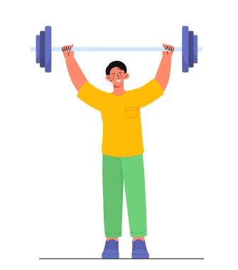 Halterli bir jimnastikçi. Güçlü bir sporcu ve sporcu. Spor aletlerinde kasları olan genç bir adam. Ağırlıkları olan vücut geliştirici. Çizgi film düz vektör çizimi beyaz arkaplanda izole edildi