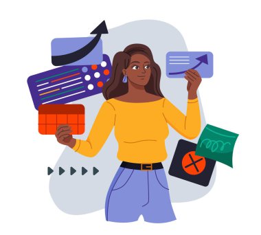 İnşaat kariyeri. Hırslı iş kadını takımı yönetir ve başarıya ulaşmak için kişisel becerilerini geliştirir. Profesyonel büyüme. Çizgi film düz vektör çizimi beyaz arkaplanda izole edildi