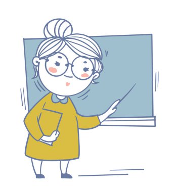 Okula dönelim. Bayan öğretmen elinde işaretle tahtada duruyor ve öğrencilere ders veriyor. Öğretmenlik ve eğitim. Taslak çizim vektör çizimi beyaz arkaplanda izole edildi