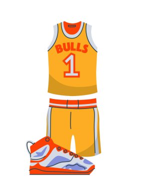 Basketbol oyunu unsuru. Profesyonel spor giyim ve basketbol oynamak için ayakkabılar. Jersey ve atlet için spor ayakkabıları. Spor üniforması. Çizgi film düz vektör çizimi beyaz arkaplanda izole edildi
