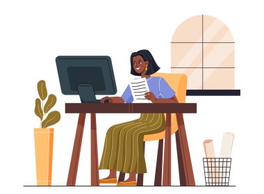 İnternette çalışan biri. Gülümseyen kadın masada oturur ve bilgisayarla çalışır. Üretken bir serbest çalışan ya da ev ofisinin uzak bir çalışanı. Çizgi film düz vektör çizimi beyaz arkaplanda izole edildi