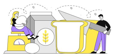 İnsanlar doğrusal pişiriyor. Tereyağı ve yumurtanın yanında bıçağı olan adam. Ev yapımı fırın ve pasta. Tatlı ve lezzet. Minimalist yaratıcılık ve sanat. Beyaz arkaplanda izole edilmiş çizgi düz vektör çizimi