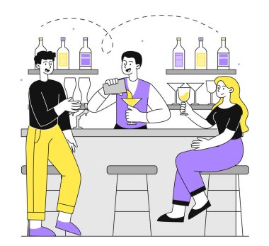 Doğrusal bar insanları. Alkollü içkiler ve içeceklerle pankartın yanındaki kadın ve erkek. Kokteylli genç adam ve kız. Beyaz arkaplanda izole edilmiş çizgi düz vektör çizimi