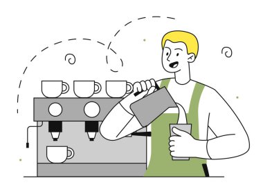 Barista iş yerinde doğrusal olarak. Elinde kahve aparatı ve bardak olan bir adam. Barmen ve çalışanın sıcak içecekleri var. Kapuçino ve latte. Beyaz arkaplanda izole edilmiş çizgi düz vektör çizimi