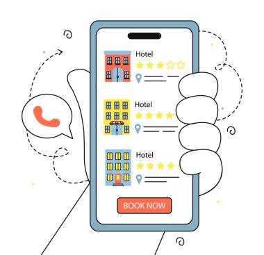 Otel lineer konsepti rezervasyonu. Akıllı telefonlar, evler ve odalar. Seyahat ve seyahat, tatil ve tatil. Turistler için program. Beyaz arkaplanda izole edilmiş çizgi düz vektör çizimi