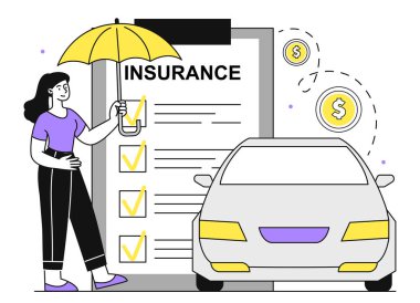 Araba sigortası konsepti. Belgenin yanında şemsiye altında kadın ve altın sikkeli otomobil. Finansal anlaşma ve anlaşma. Beyaz arkaplanda karalama düz vektör çizimi izole