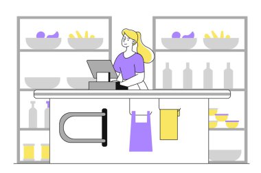 Kasanın doğrusal konsepti. Kadın markette ya da markette erzak alıp satıyor. Ödeme ve alım satım yeri, perakende. Satıcı alıcıları ve müşterileri bekler. Doodle düz vektör çizimi