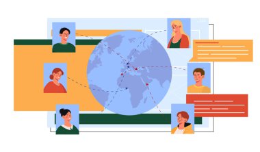 Uzaktan iletişim konsepti. Erkekler ve kadınlar sosyal ağlar ve habercilerle iletişim kurarlar. Video görüşmesi ve konferans. Uzaktan kumandalı işçi takımı. İş arkadaşları ve ortaklar. Çizgi film düz vektör çizimi