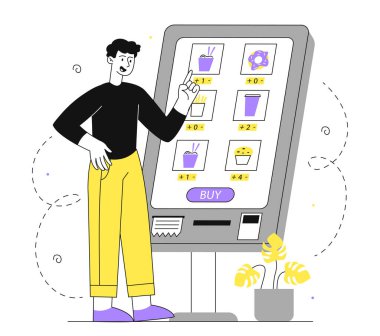 Elektronik fast food menüsü doğrusal. Kafede yemek yemeyi, yemek servisi yapmayı seçen bir adam. Genç adam patates kızartması, hamburger ve soda alıyor. Beyaz arkaplanda karalama düz vektör çizimi izole