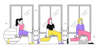 Spor salonundaki kadınlar doğrusal. Dambılı ve formalı genç kızlar. Aktif yaşam tarzı ve spor. Antrenman ve antrenman. Beyaz arkaplanda karalama düz vektör çizimi izole