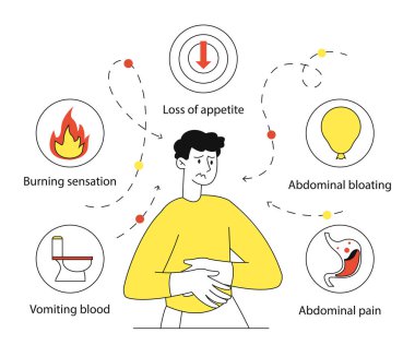 Gastrit belirtileri doğrusal konsept. Tıbbi bilgiler ve eğitim materyalleri. Karın şişliği, kan kusması, iştah kaybı ve yanma hissi olan bir adam. Doodle düz vektör çizimi