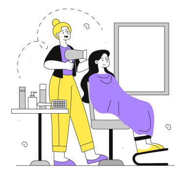 Müşteri doğrusal kuaför. Saç kurutma makinesi olan bir kadın güzel saçlı genç bir kızın yanında. İş yerinde berber. Berber dükkanındaki müşteri. Beyaz arkaplanda karalama düz vektör çizimi izole