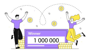 Büyük ikramiye kazananların doğrusal konsepti. Kadın ve erkek altın sikkelerin yanına atlayıp ödüllü bilet alıyorlar. Şans için kumar ve oyunlar. Genç adam ve kız piyangoda oynuyorlar. Doodle düz vektör çizimi