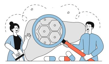 Karaciğer araştırmaları doğrusal konsepti. Büyüteçli kadın ve erkek iternal organa bakar. Anatomi ve biyoloji. Sağlık ve ilaç. Beyaz arkaplanda karalama düz vektör çizimi izole