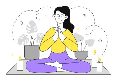 Meditasyon yapan kadın doğrusal. Lotus pozisyonunda oturan genç bir kız. Karakter mumların yanında oturur. İyilik ve rahatlama, kapalı alanda dinlenme. Aktif yaşam tarzı ve uygunluğu. Doodle düz vektör çizimi