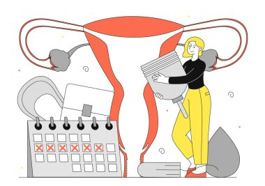 Adet döngüsü kadın doğrusal konsepti. Takvimi olan genç kız. Kadın üreme sistemi anatomisi. Jinekoloji ve regl. Beyaz arkaplanda karalama düz vektör çizimi izole