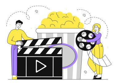 Filmlerde doğrusal olanlar. Klaket tahtası ve patlamış mısırlı kadın ve erkek, film makarası. Film ve seri üretim. Eğlence endüstrisi. Beyaz arkaplanda karalama düz vektör çizimi izole