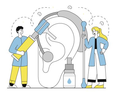 Otolaryngology medicine linear concept. Man and woman with medical equipment near ear. Health care and treatment, diagnosis. Doctors with ear drops. Doodle flat vector illustration clipart