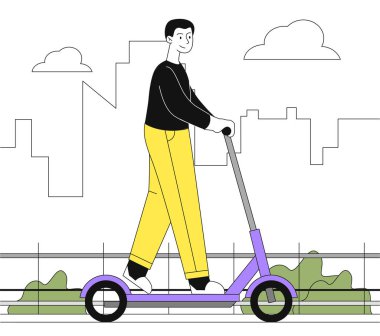 Scooter çizgisinde bir adam var. Çevre dostu nakliye aracı olan genç bir adam. Aktif yaşam tarzı, seyahat ve şehirde yolculuk. Escooter 'daki vatandaş ve hippi. Beyaz arkaplanda karalama düz vektör çizimi izole
