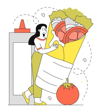 Shawarma doğrusal bir kadın. Lavaşlı sebzeli genç kız. Geleneksel Türk mutfağı, paket yemek. Fast food karakteri. Beyaz arkaplanda karalama düz vektör çizimi izole