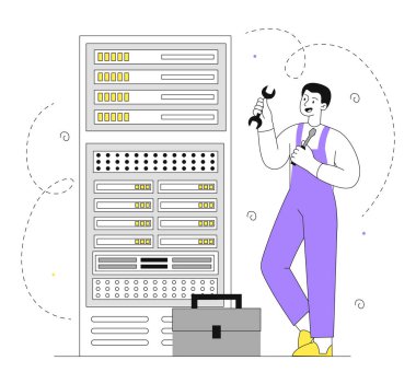 Sunucu doğrusal sistem yöneticisi. Elektronik arşiv ve deponun yanında anahtarı ve alet çantası olan bir adam. Kablosuz bağlantı, veri alışverişi, internet. Doodle düz vektör çizimi