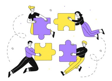 Takım çalışması doğrusal konsepti. Renkli bulmacaları olan erkekler ve kadınlar. İşbirliği ve işbirliği, ortaklık. Ortaklar ve işçiler ortak bir projede çalışıyorlar. Doodle düz vektör çizimi