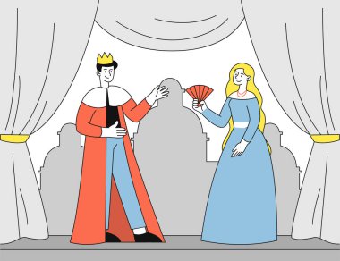 Tiyatro aktörü doğrusal oynuyor. Kadın ve erkek olay yerinde. Kültürel rahatlık ve dinlenme. Kral kraliçeyle konuşuyor. Tiyatro gösterisi. Beyaz arkaplanda karalama düz vektör çizimi izole