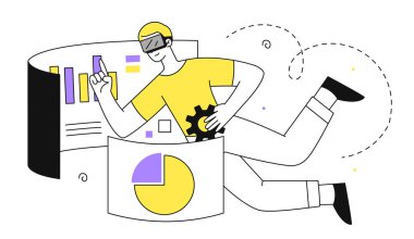 VR istatistikçi adam doğrusal. Sanal gerçeklik gözlüklü genç adam grafiklere ve diyagramlara bakar. Analist pazarlama araştırması yapıyor. Ekonomi ve ticaret, yatırım. Doodle düz vektör çizimi