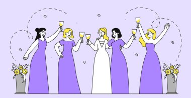 Düğün olayı doğrusal. Şampanya kadehli, elbiseli kadınlar. Tatil ve festival. Evlilik töreni. Alkollü içkileri olan kız arkadaşlarla briç. Doodle düz vektör çizimi