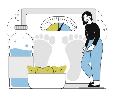 Kadın ve obezite doğrusal. Kilo ve terazinin yanındaki şişman genç kız. Zihinsel bozukluklar ve psikolojik sorunlar. Şişman bir karakter. Beyaz arkaplanda karalama düz vektör çizimi izole