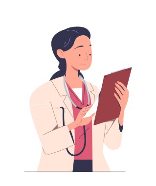 Gülümseyen doktor insan kavramı. Hasta kartı olan üniformalı bir kadın. Sağlık ve ilaç, tedavi. Sosyal medya etiketi. Çizgi film düz vektör çizimi beyaz arkaplanda izole edildi