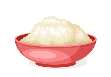 Pişirme konsepti için malzeme. Ekşi sütlü kırmızı kase. Yemek pişirme ve ev yapımı yemek hazırlama. Proteinli lezzetli yiyecekler. Çizgi film düz vektör çizimi beyaz arkaplanda izole edildi