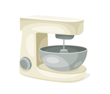 Pişirme konsepti için malzeme. Cihazları kaseyle karıştırıyorum. Yemek pişirme ve ev yapımı yemek hazırlama. Web sitesi için grafik ögesi. Çizgi film düz vektör çizimi beyaz arkaplanda izole edildi