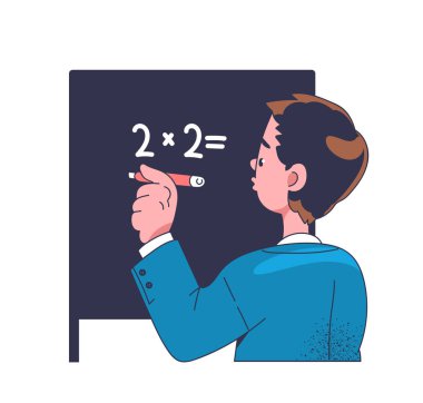 Okul karalama sahnesi konsepti. Matematik denklemi olan bir çocuk. Eğitim ve öğrenim. Web sitesi için grafik ögesi. Beyaz arkaplanda izole edilmiş doğrusal düz vektör çizimi
