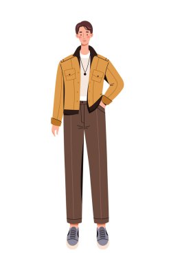 Şık giyimli bir adam. Sarı ceketli genç adam. Moda, moda ve tarz. Estetik ve zarafet. Şablon ve düzen. Çizgi film düz vektör çizimi beyaz arkaplanda izole edildi