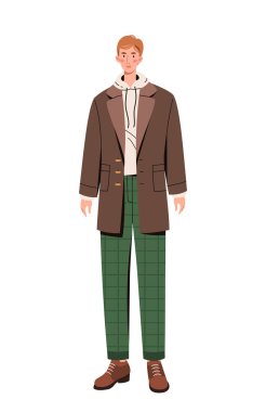 Şık giyimli bir adam. Kahverengi ceketli genç adam. Moda, moda ve tarz. Estetik ve zarafet. Sosyal medya etiketi. Çizgi film düz vektör çizimi beyaz arkaplanda izole edildi