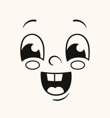 Retro karikatür yüz konsepti. Kocaman gülümseyen bir karakter. Yüz ifadeleri, hisler, duygular, ruh hali. Şablon ve düzen. Beyaz arkaplanda karalama düz vektör çizimi izole