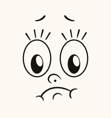 Retro karikatür yüz konsepti. Şaşırmış yüzlü bir karakter. Yüz ifadeleri, hisler, duygular, ruh hali. Sosyal medya etiketi. Beyaz arkaplanda karalama düz vektör çizimi izole