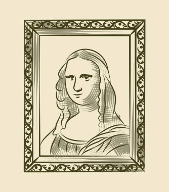 İtalyan Rönesansı. Esrarengiz gülüşlü güzel bir kız portresi olan Retro posteri. Ünlü Mona Lisa. Leonardo da Vinci Dönemi. Bej arkaplanda çizgi film klasik doğrusal vektör çizimi