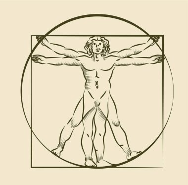 İtalyan Rönesans konsepti. Vitruvialı bir adamın eskizinin olduğu bir poster. Anatomi ve Tıp Araştırması. Leonardo da Vinci Dönemi. Bej arkaplanda çizgi film klasik doğrusal vektör çizimi