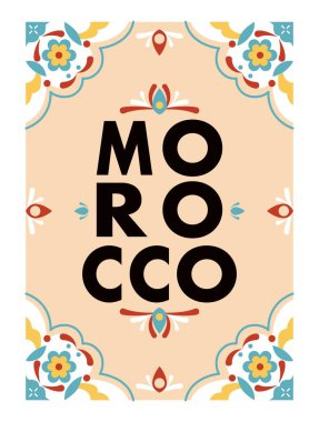 Fas seyahat rehberi. Güzel harfleri ve geleneksel Afrika süslemeleri olan renkli bir poster. Reklam kapağı için tasarım elemanı. Çizgi film düz vektör çizimi beyaz arkaplanda izole edildi