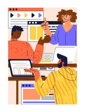 Mühendislik ve programlama. Dizüstü bilgisayarlarda proje üzerinde çalışan geliştiricilerle dolu bir poster. Dijital ürün ya da yazılım yaratımı. Çizgi film düz vektör çizimi beyaz arkaplanda izole edildi