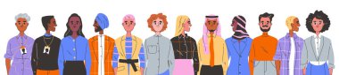 Bir grup farklı iş adamı. Çok ırklı erkek ve kadın girişimciler veya çalışanlar. Farklı etnik kökenlere sahip kendine güvenen erkek ve kadınlar. Çizgi film düz vektör çizimi arkaplanda izole edildi